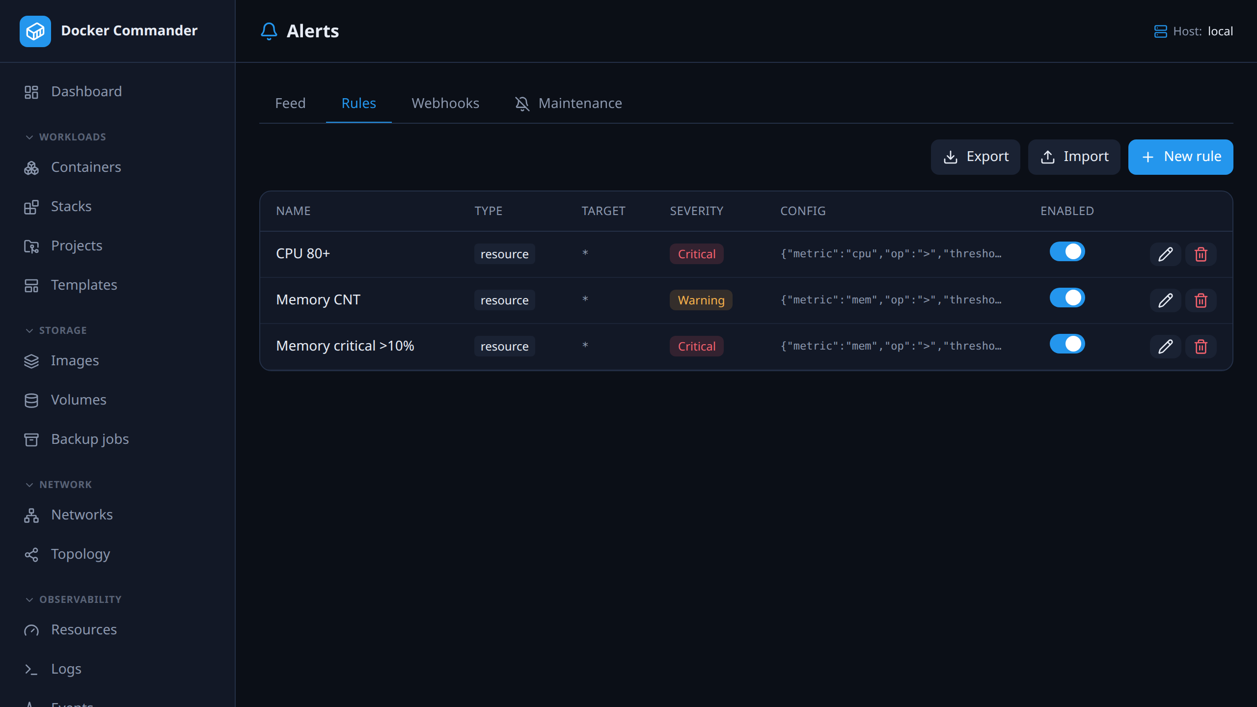 Alert rules with type, target, severity and cooldown.