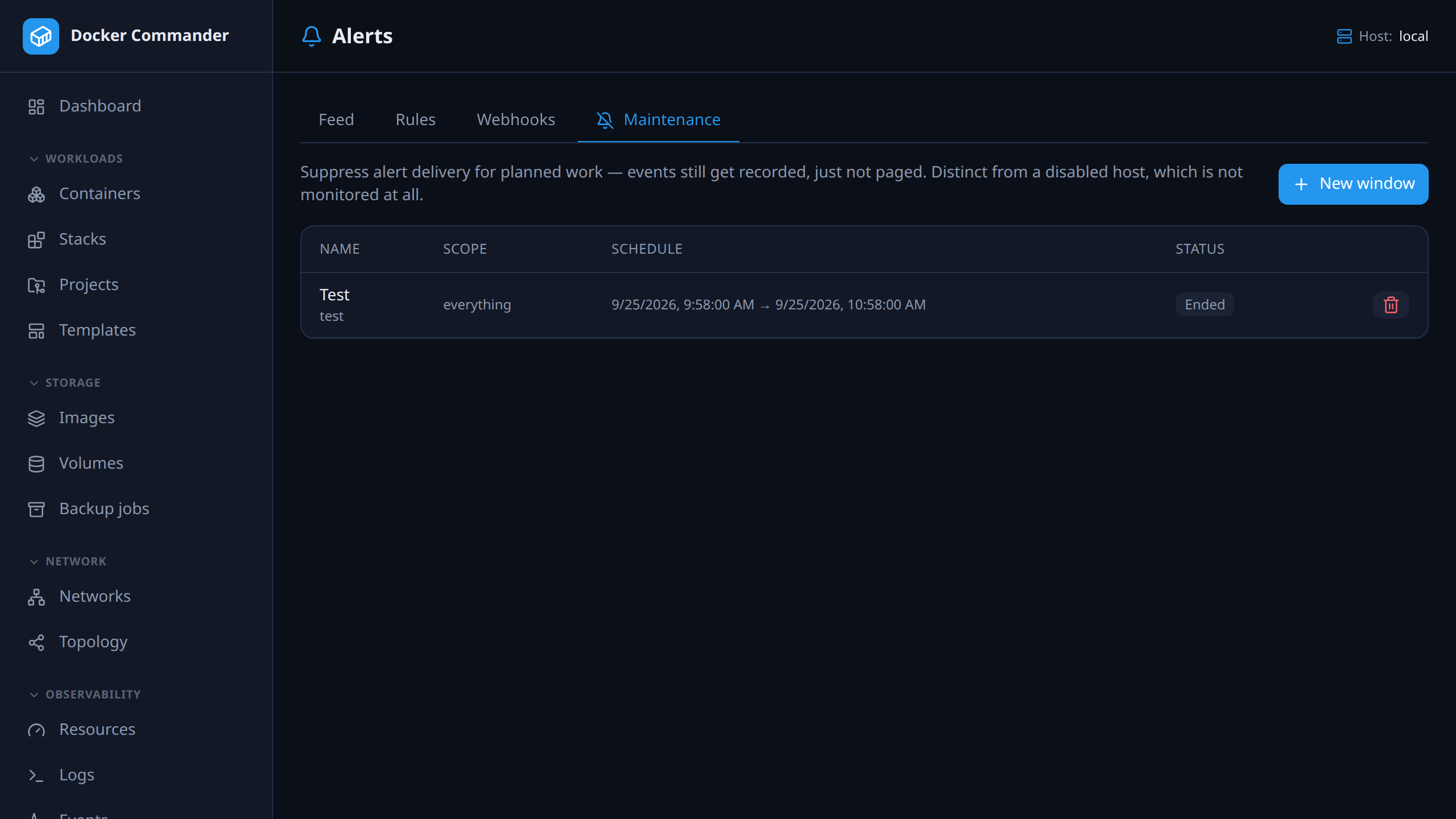 The maintenance tab: scheduled and running windows with scope, recurrence and reason.