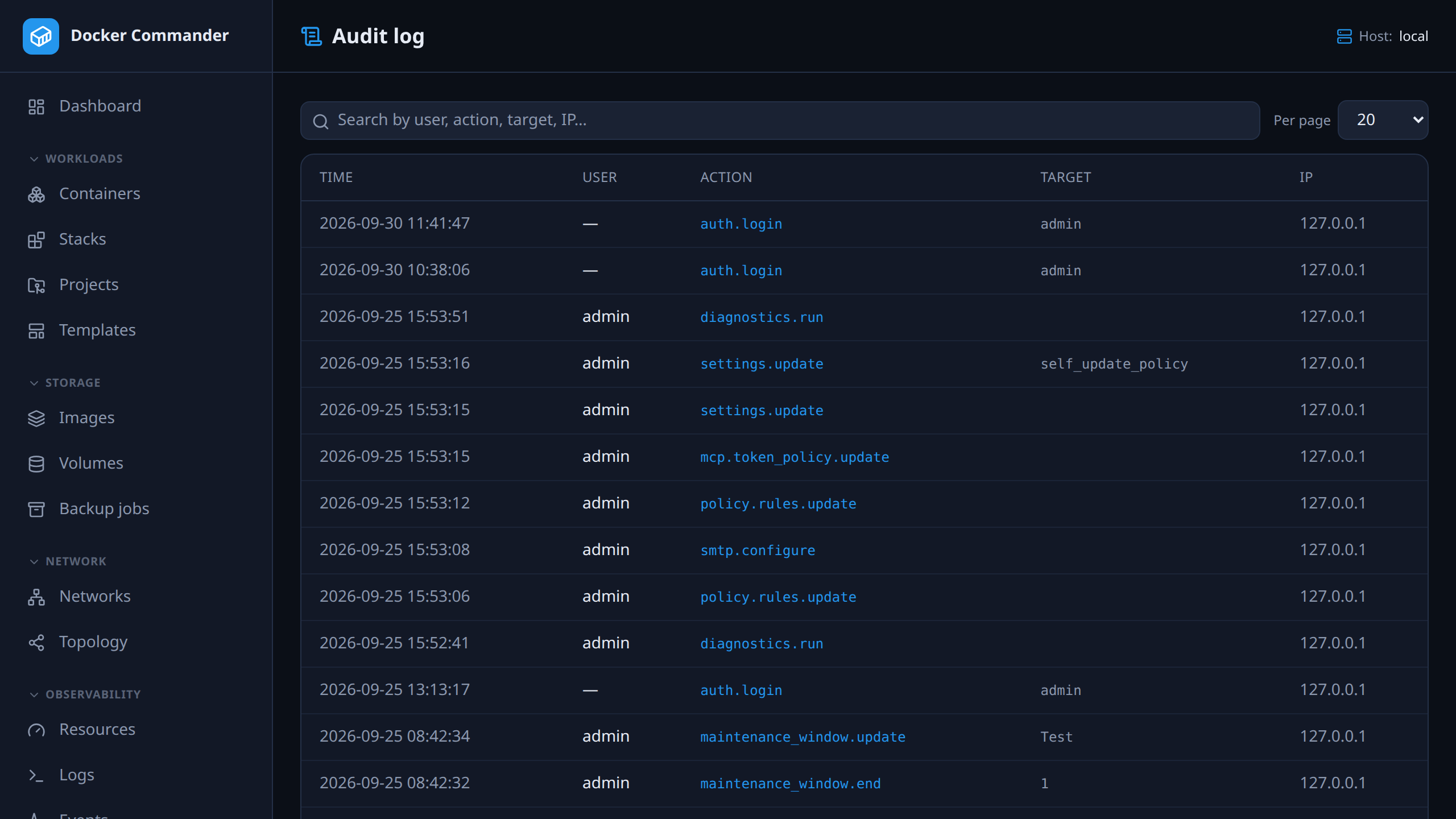 The audit log with user, action, detail and host columns.