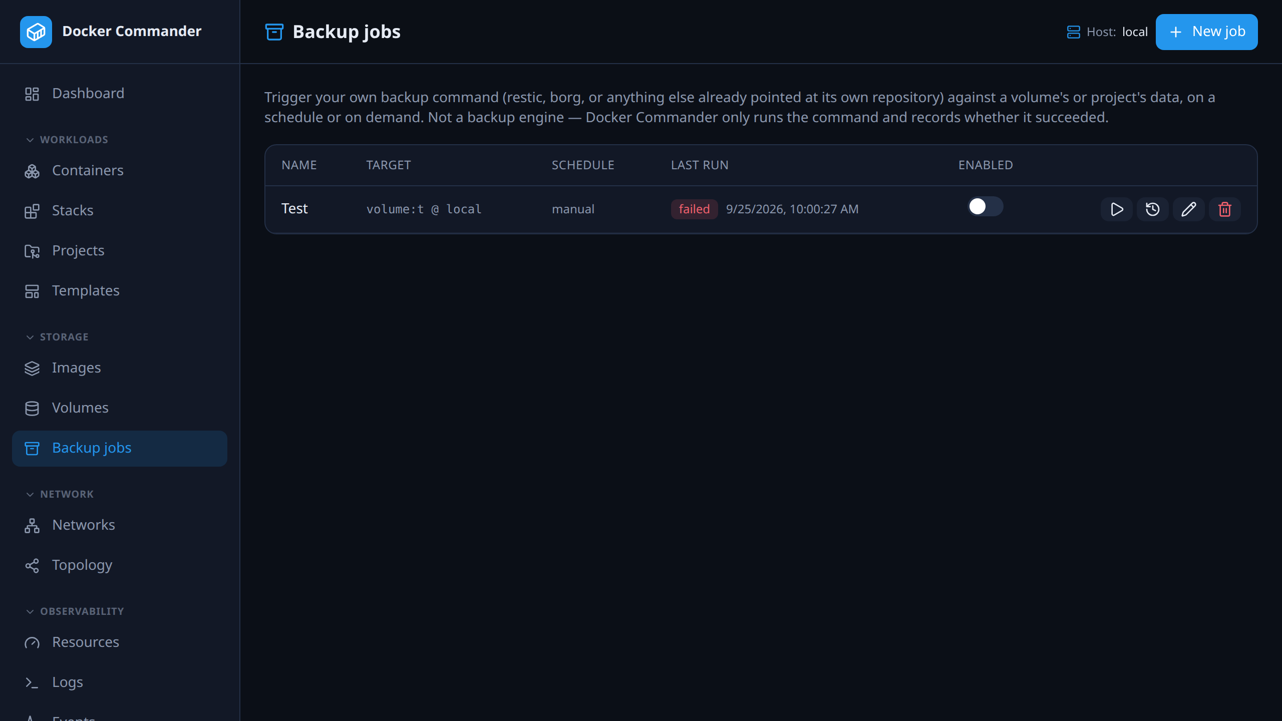 Backup jobs with schedule, target volumes and the last run’s status.