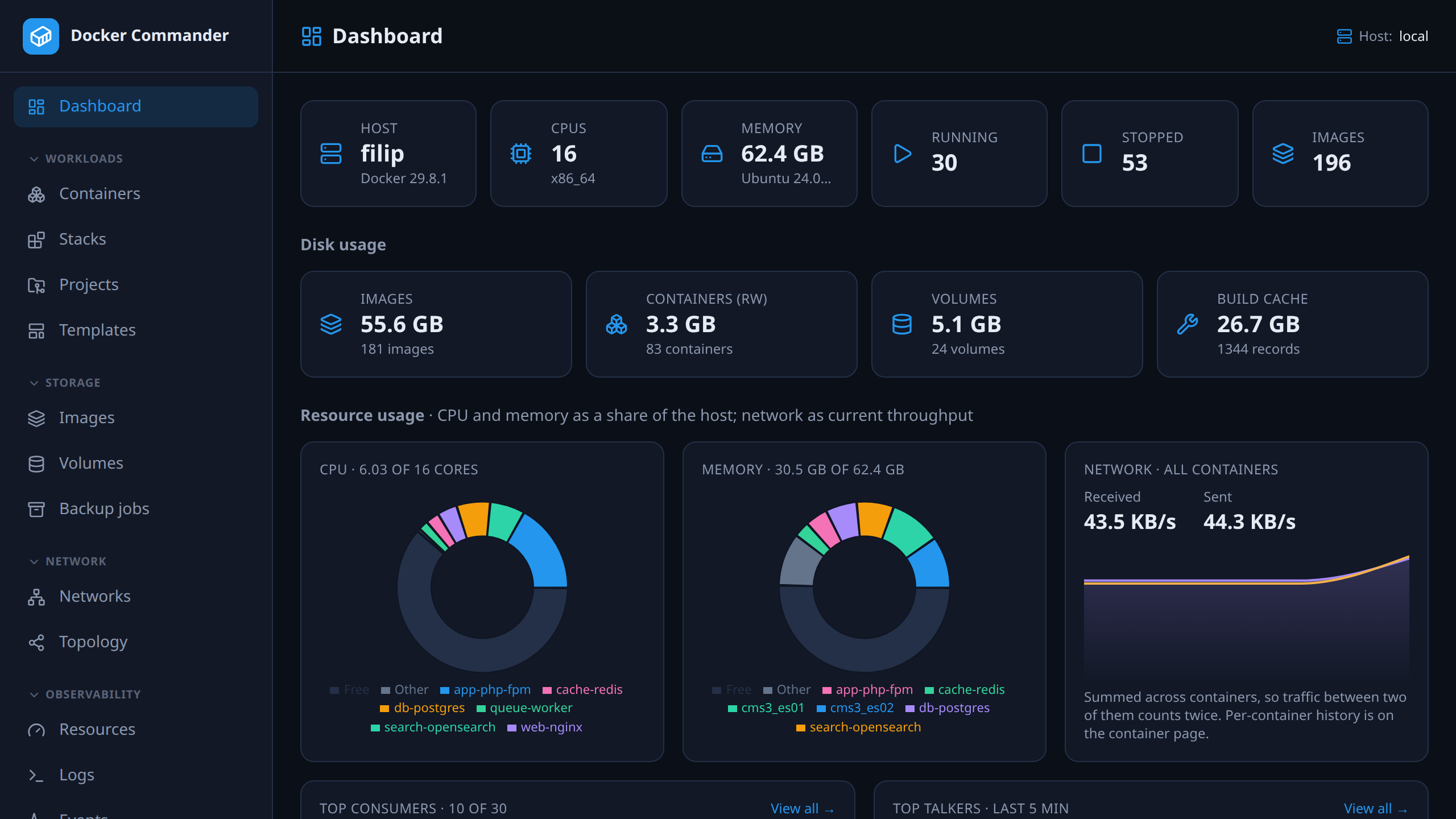 The Docker Commander dashboard: host facts, disk usage, a per-container resource breakdown and the running containers, with live CPU and memory graphs.