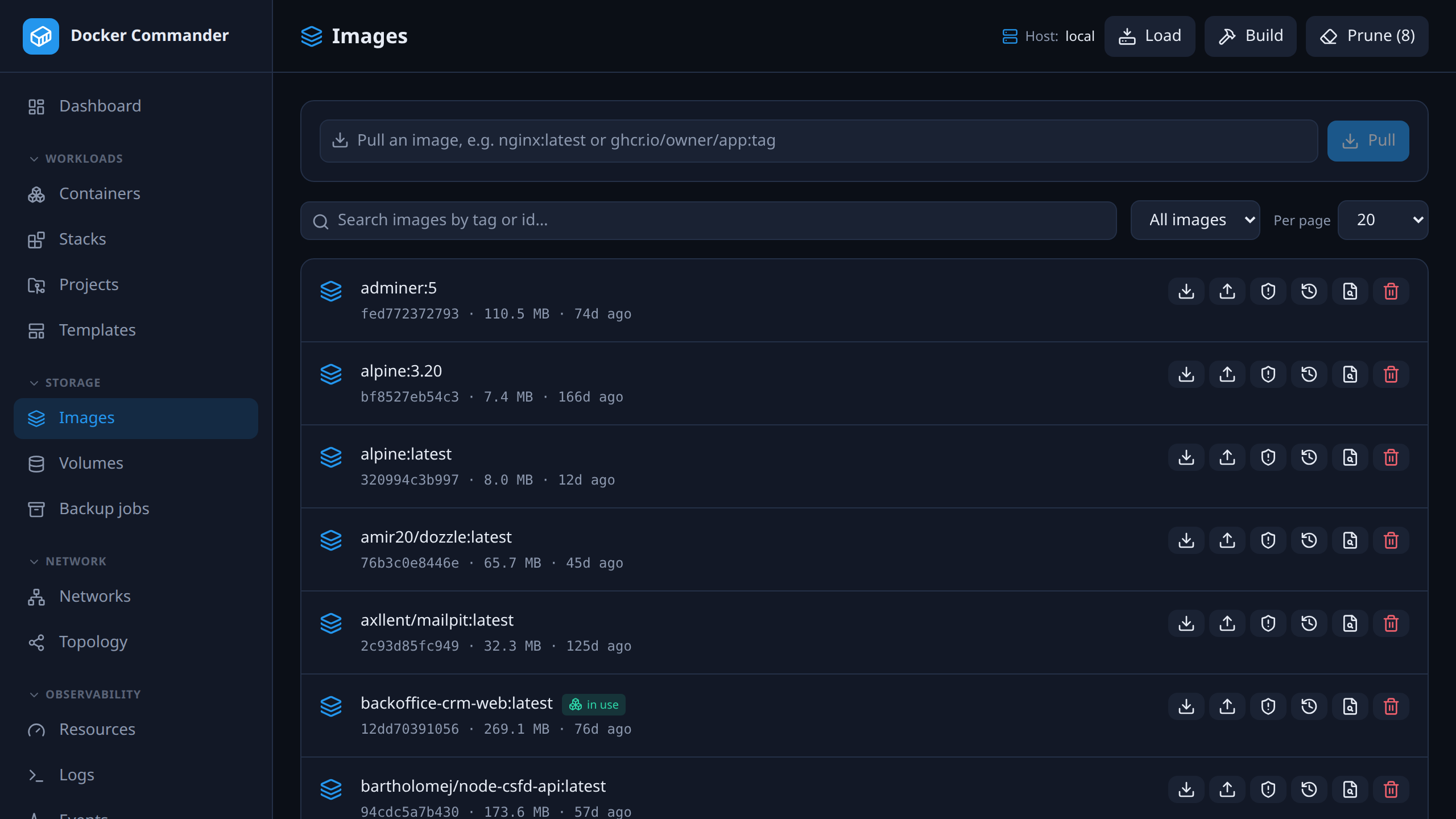 The images list with pull, build and scan actions.