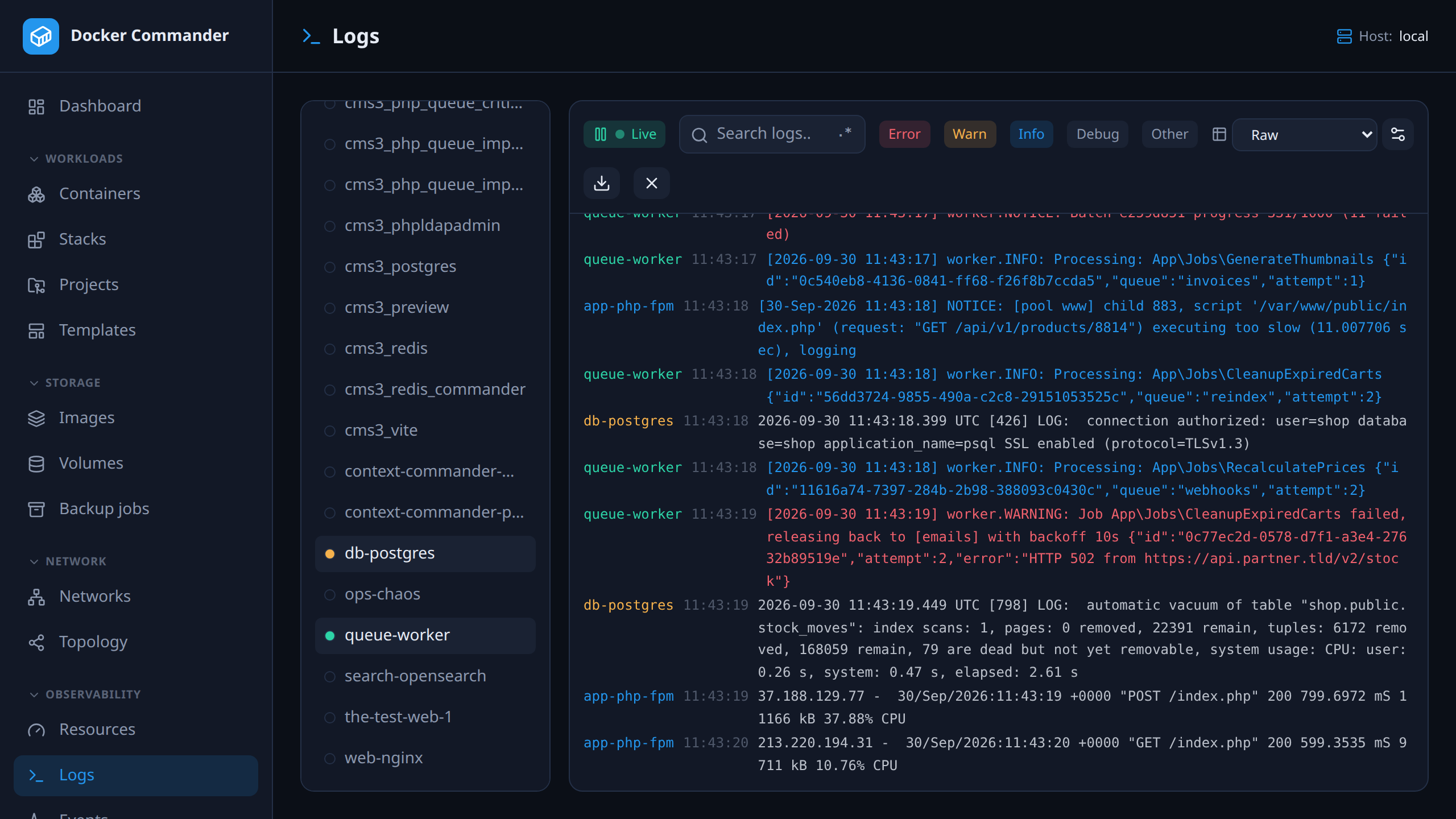 The aggregated log view: lines from several containers in one stream, colored by source, with level filters and a search box.