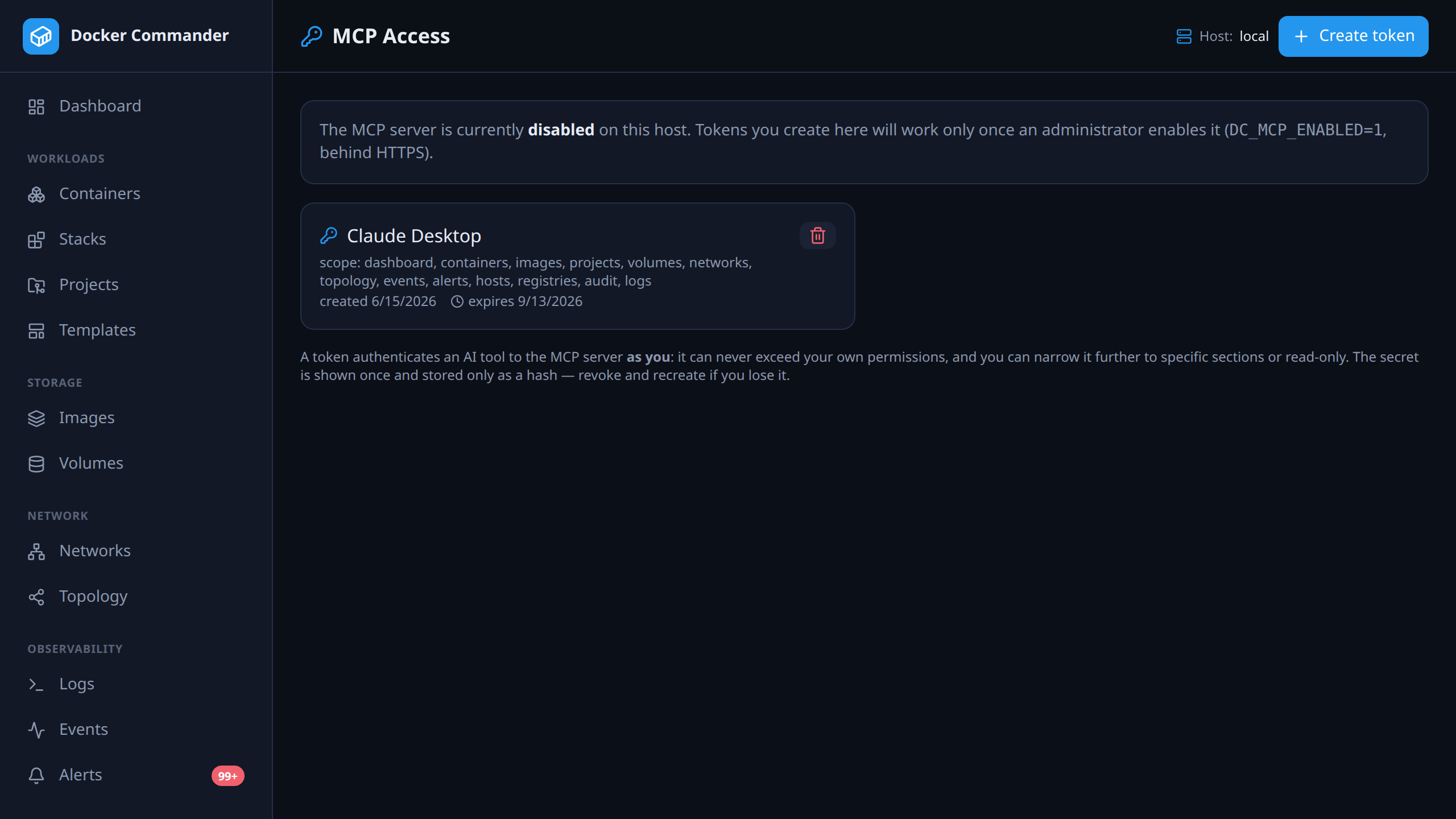 The MCP access page: issuing a bearer token for an AI tool, scoped to a subset of sections and optionally read-only.