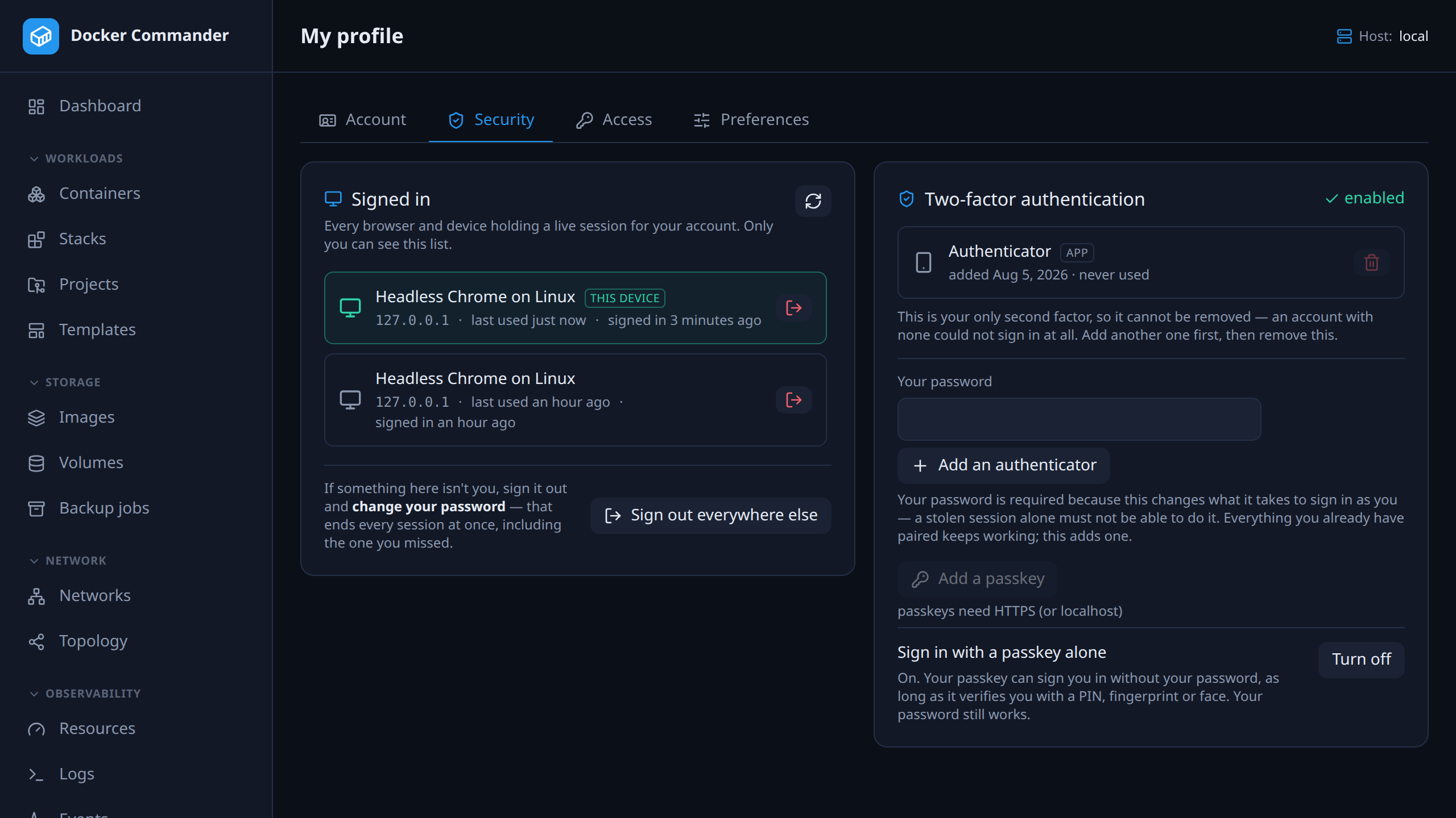 The profile security tab: second factors, passkeys and live sessions.