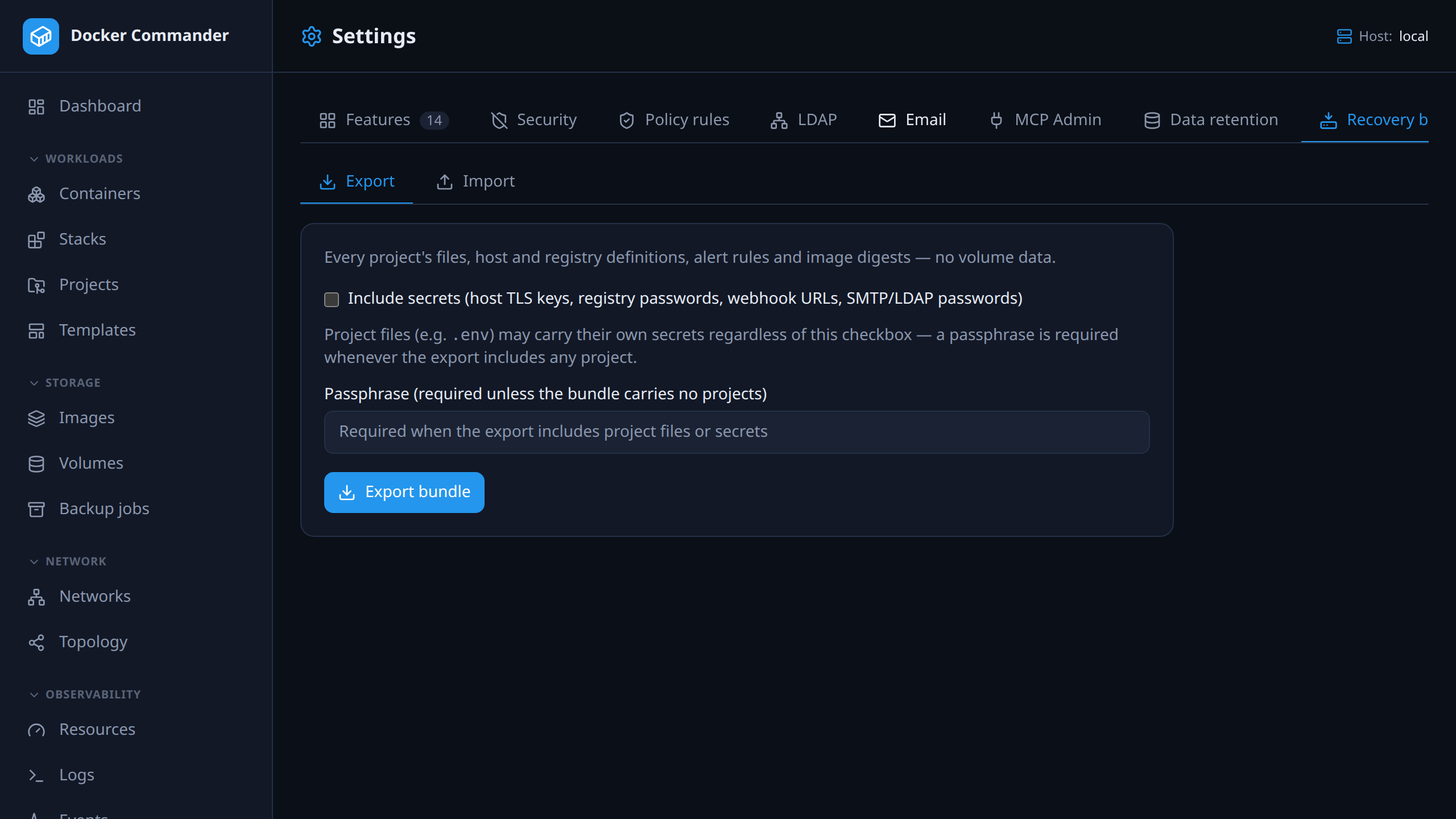 The recovery bundle tab: export options and an import that inspects first.