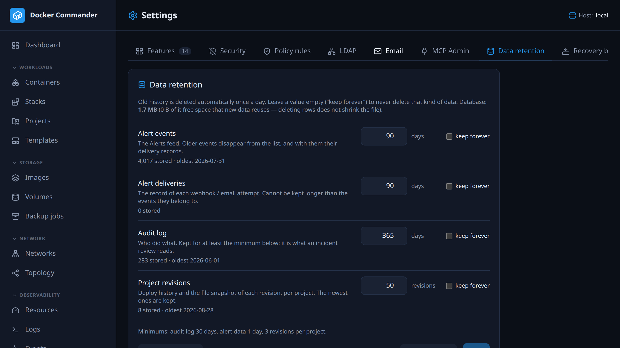 Data retention settings with a limit per area and Purge now.